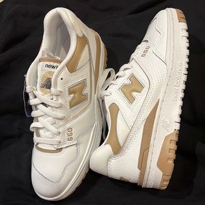 white and tan new balance 550’s